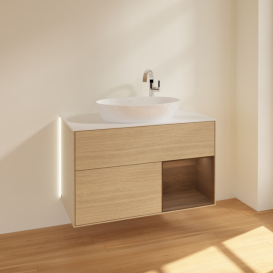 Тумба под раковину Villeroy & Boch Finion 100х50,1 см с подсветкой МДФ шпон дуба/стекло белое матовое G901GNPC