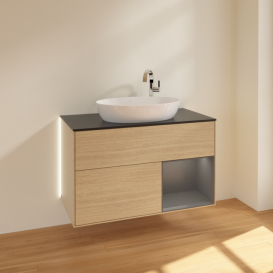 Тумба под раковину Villeroy & Boch Finion 100х50,1 см с подсветкой МДФ шпон дуба/стекло черное матовое G902GKPC