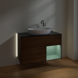 Тумба под раковину Villeroy & Boch Finion 100х50,1 см с подсветкой МДФ шпон грецкого ореха/стекло черное матовое G902GMGN