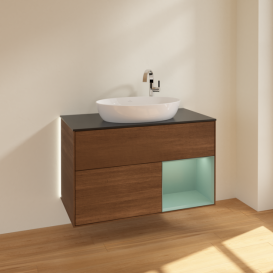 Тумба под раковину Villeroy & Boch Finion 100х50,1 см с подсветкой МДФ шпон грецкого ореха/стекло черное матовое G902GMGN