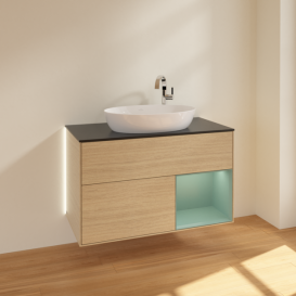 Тумба под раковину Villeroy & Boch Finion 100х50,1 см с подсветкой МДФ шпон дуба/стекло черное матовое G902GMPC