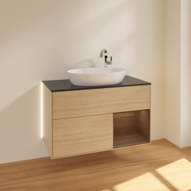 Тумба под раковину Villeroy & Boch Finion 100х50,1 см с подсветкой МДФ шпон дуба/стекло черное матовое G902GNPC
