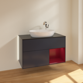 Тумба под раковину Villeroy & Boch Finion 100х50,1 см с подсветкой МДФ темно-синий матовый лак/стекло черное матовое G902HBHG