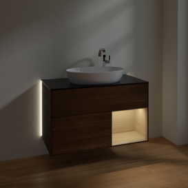 Тумба под раковину Villeroy & Boch Finion 100х50,1 см с подсветкой МДФ шпон грецкого ореха/стекло черное матовое G902PCGN