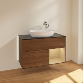 Тумба под раковину Villeroy & Boch Finion 100х50,1 см с подсветкой МДФ шпон грецкого ореха/стекло черное матовое G902PCGN