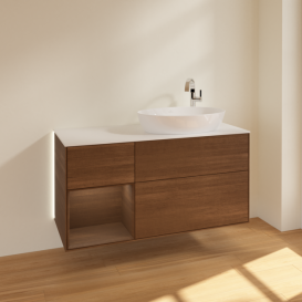 Тумба под раковину Villeroy & Boch Finion 120х50,1 см с подсветкой МДФ шпон грецкого ореха/стекло белое матовое G921GNGN