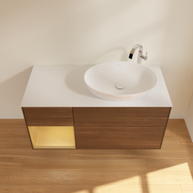 Тумба под раковину Villeroy & Boch Finion 120х50,1 см с подсветкой МДФ шпон грецкого ореха/стекло белое матовое G921HFGN