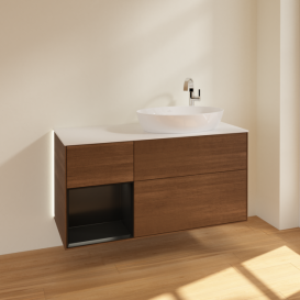 Тумба под раковину Villeroy & Boch Finion 120х50,1 см с подсветкой МДФ шпон грецкого ореха/стекло белое матовое G921PDGN