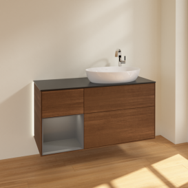 Тумба под раковину Villeroy & Boch Finion 120х50,1 см с подсветкой МДФ шпон грецкого ореха/стекло черное матовое G922GKGN