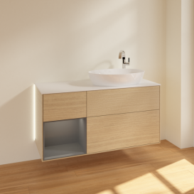 Тумба під раковину Villeroy & Boch Finion 120х50,1 см із підсвічуванням МДФ шпон дуба/скло біле матове G921GKPC