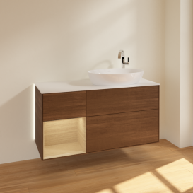 Тумба под раковину Villeroy & Boch Finion 120х50,1 см с подсветкой МДФ шпон грецкого ореха/стекло белое матовое G921PCGN