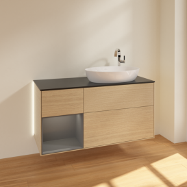 Тумба под раковину Villeroy & Boch Finion 120х50,1 см с подсветкой МДФ шпон дуба/стекло черное матовое G922GKPC