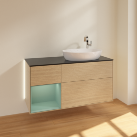 Тумба під раковину Villeroy & Boch Finion 120х50,1 см з підсвічуванням МДФ шпон дуба/скло чорне матове G922GMPC