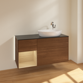 Тумба под раковину Villeroy & Boch Finion 120х50,1 см с подсветкой МДФ шпон грецкого ореха/стекло черное матовое G922PCGN