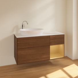 Тумба под раковину Villeroy & Boch Finion 120х50,1 см с подсветкой МДФ шпон грецкого ореха/стекло белое матовое F931HFGN