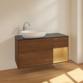 Тумба под раковину Villeroy & Boch Finion 120х50,1 см с подсветкой МДФ шпон грецкого ореха/стекло черное матовое F932HFGN