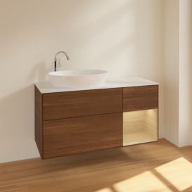 Тумба под раковину Villeroy & Boch Finion 120х50,1 см с подсветкой МДФ шпон грецкого ореха/стекло белое матовое F931PCGN