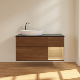 Тумба под раковину Villeroy & Boch Finion 120х50,1 см с подсветкой МДФ шпон грецкого ореха/стекло черное матовое F932PCGN