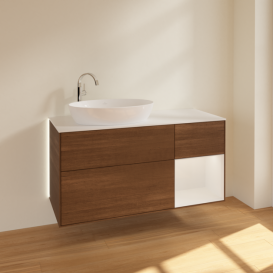 Тумба под раковину Villeroy & Boch Finion 120х50,1 см с подсветкой МДФ шпон грецкого ореха/стекло белое матовое G931GFGN