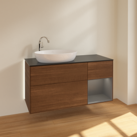 Тумба под раковину Villeroy & Boch Finion 120х50,1 см с подсветкой МДФ шпон грецкого ореха/стекло черное матовое G932GKGN