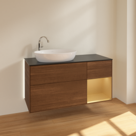 Тумба под раковину Villeroy & Boch Finion 120х50,1 см с подсветкой МДФ шпон грецкого ореха/стекло черное матовое G932HFGN