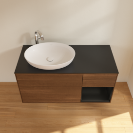 Тумба під раковину Villeroy & Boch Finion 120х50,1 см з підсвічуванням МДФ шпон волоського горіха/скло чорне матове G932PDGN