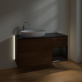Тумба під раковину Villeroy & Boch Finion 120х50,1 см з підсвічуванням МДФ шпон волоського горіха/скло чорне матове G932PDGN