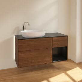 Тумба під раковину Villeroy & Boch Finion 120х50,1 см з підсвічуванням МДФ шпон волоського горіха/скло чорне матове G932PDGN