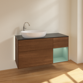 Тумба під раковину Villeroy & Boch Finion 120х50,1 см з підсвічуванням МДФ шпон волоського горіха/скло чорне матове G932GMGN