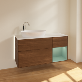 Тумба под раковину Villeroy & Boch Finion 120х50,1 см с подсветкой МДФ шпон грецкого ореха/стекло белое матовое G931GMGN