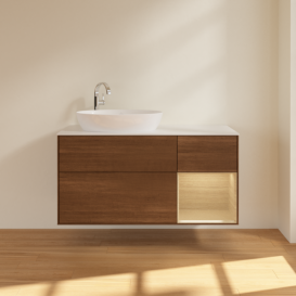 Тумба под раковину Villeroy & Boch Finion 120х50,1 см с подсветкой МДФ шпон грецкого ореха/стекло белое матовое G931PCGN