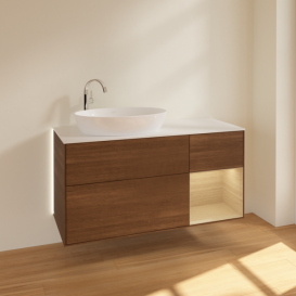 Тумба под раковину Villeroy & Boch Finion 120х50,1 см с подсветкой МДФ шпон грецкого ореха/стекло белое матовое G931PCGN