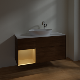 Тумба под раковину Villeroy & Boch Finion 120х50,1 см с подсветкой МДФ шпон грецкого ореха/стекло белое матовое F941HFGN