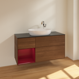 Тумба под раковину Villeroy & Boch Finion 120х50,1 см с подсветкой МДФ шпон грецкого ореха/стекло черное матовое F942HBGN