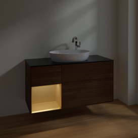 Тумба под раковину Villeroy & Boch Finion 120х50,1 см с подсветкой МДФ шпон грецкого ореха/стекло черное матовое F942HFGN