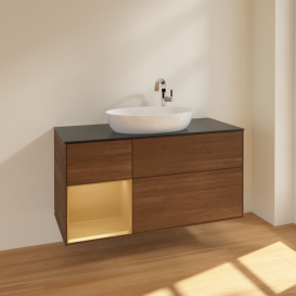 Тумба под раковину Villeroy & Boch Finion 120х50,1 см с подсветкой МДФ шпон грецкого ореха/стекло черное матовое F942HFGN