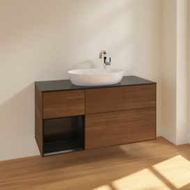 Тумба под раковину Villeroy & Boch Finion 120х50,1 см с подсветкой МДФ шпон грецкого ореха/стекло черное матовое F942PDGN