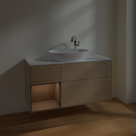 Тумба під раковину Villeroy & Boch Finion 120х50,1 см із підсвічуванням МДФ шпон дуба/скло біле матове F941GNPC