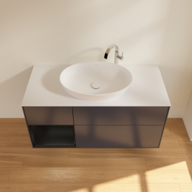 Тумба під раковину Villeroy & Boch Finion 120х50,1 см із підсвічуванням МДФ темно-синій матовий лак/скло біле матове F941PDHG