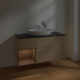 Тумба під раковину Villeroy & Boch Finion 120х50,1 см з підсвічуванням МДФ шпон дуба/скло чорне матове F942GNPC