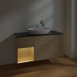 Тумба под раковину Villeroy & Boch Finion 120х50,1 см с подсветкой МДФ шпон дуба/стекло черное матовое F942HFPC