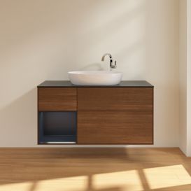 Тумба під раковину Villeroy & Boch Finion 120х50,1 см з підсвічуванням МДФ шпон волоського горіха/скло чорне матове F942HGGN