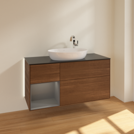 Тумба под раковину Villeroy & Boch Finion 120х50,1 см с подсветкой МДФ шпон грецкого ореха/стекло черное матовое G942GKGN