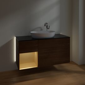 Тумба под раковину Villeroy & Boch Finion 120х50,1 см с подсветкой МДФ шпон грецкого ореха/стекло черное матовое G942HFGN