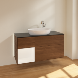 Тумба под раковину Villeroy & Boch Finion 120х50,1 см с подсветкой МДФ шпон грецкого ореха/стекло черное матовое G942MTGN