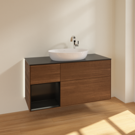 Тумба под раковину Villeroy & Boch Finion 120х50,1 см с подсветкой МДФ шпон грецкого ореха/стекло черное матовое G942PDGN