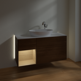 Тумба под раковину Villeroy & Boch Finion 120х50,1 см с подсветкой МДФ шпон грецкого ореха/стекло белое матовое G941PCGN