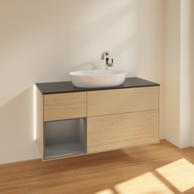 Тумба под раковину Villeroy & Boch Finion 120х50,1 см с подсветкой МДФ шпон дуба/стекло черное матовое G942GKPC