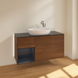 Тумба под раковину Villeroy & Boch Finion 120х50,1 см с подсветкой МДФ шпон грецкого ореха/стекло черное матовое G942HGGN