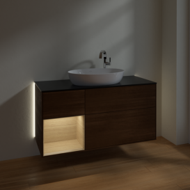 Тумба под раковину Villeroy & Boch Finion 120х50,1 см с подсветкой МДФ шпон грецкого ореха/стекло черное матовое G942PCGN